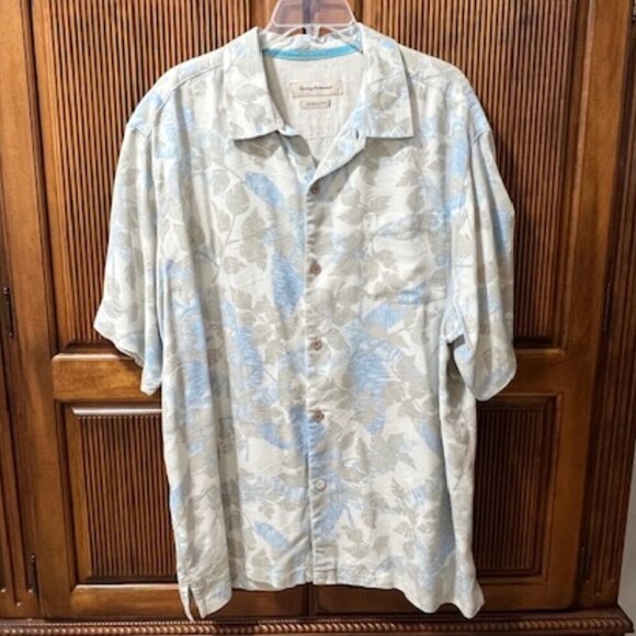 Tommy Bahama Silk Hawaiian Short Sleeve Button Camp Shirt Blue Tan Floral XL - Picture 1 of 4